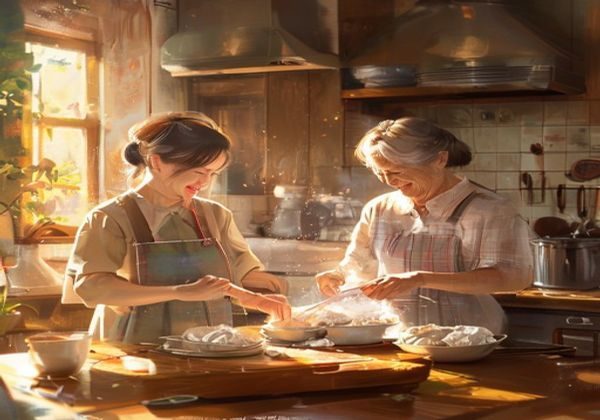 温暖的厨房里，两位中年女性一起包饺子，面粉轻撒，笑声不断，窗外阳光透进来，画面充满妈妈与朋友们相聚的生活温情